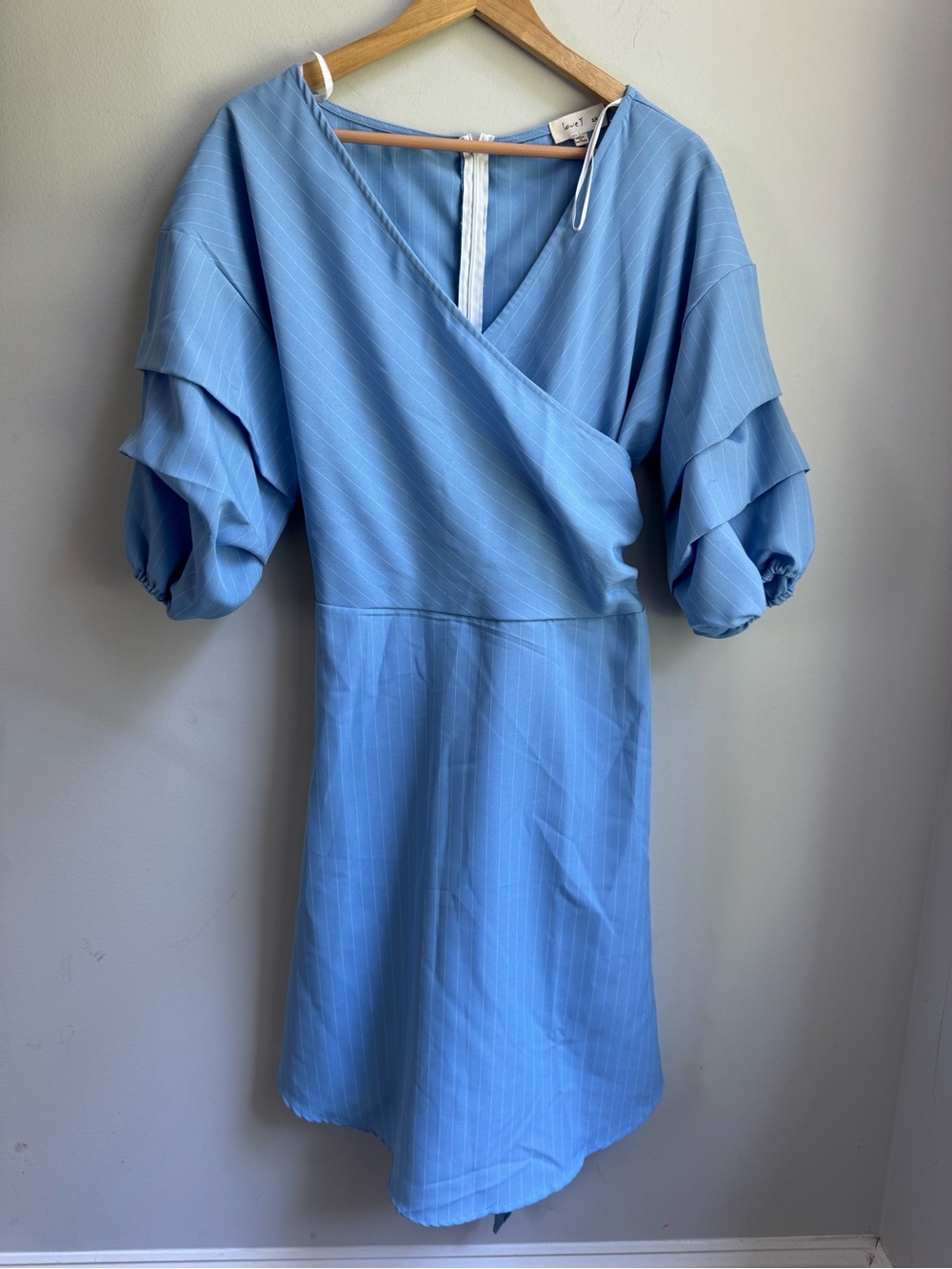 love J Light Blue Pinstripe Wrap Dress with Puff Sleeves